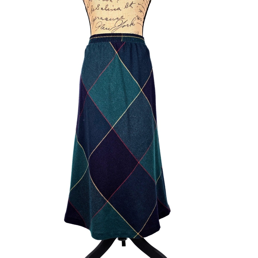 Vintage Russ Togs Argyle Plaid Midi Skirt Navy Green USA Made ILGWU Union Tag